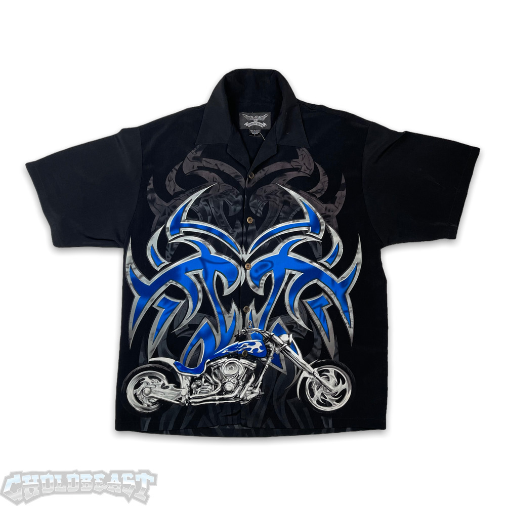 Y2K 2000s Chrome Eagle Chopper Motorcycle Oversized Button Up L/XL Mens